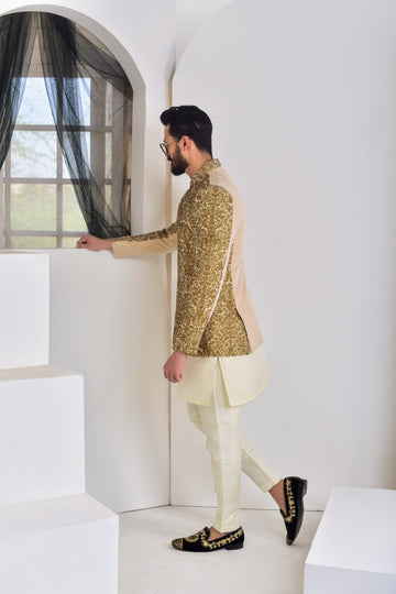 Golden Color Embroidered Prince Coat For Men